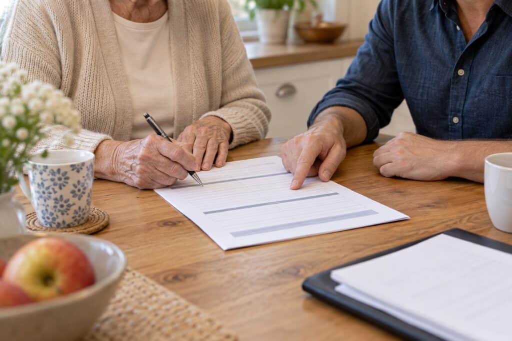 Older woman signing a form at a kitchen table while a man points to where to sign