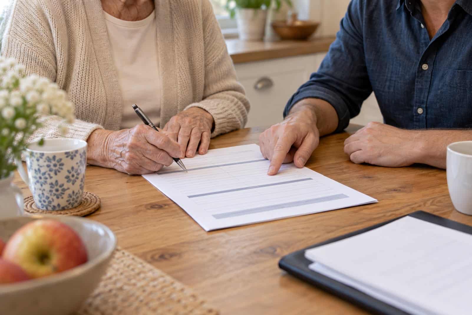 Older woman signing a form at a kitchen table while a man points to where to sign