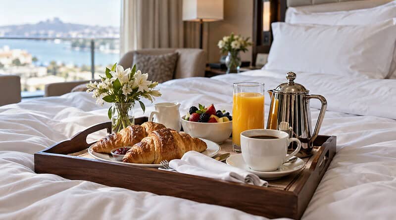 Breakfast tray with croissants, fruit, orange juice and coffee on a white hotel bed