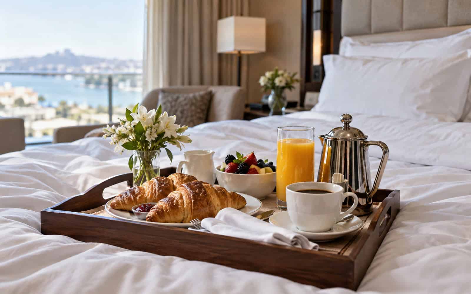 Breakfast tray with croissants, fruit, orange juice and coffee on a white hotel bed